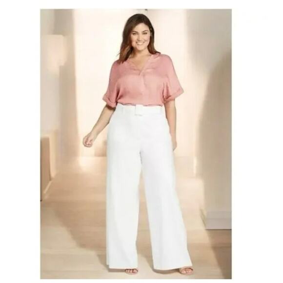 New Lane Bryant wide leg high rise Ivory linen blend belted trouser pants 18R - Picture 1 of 5